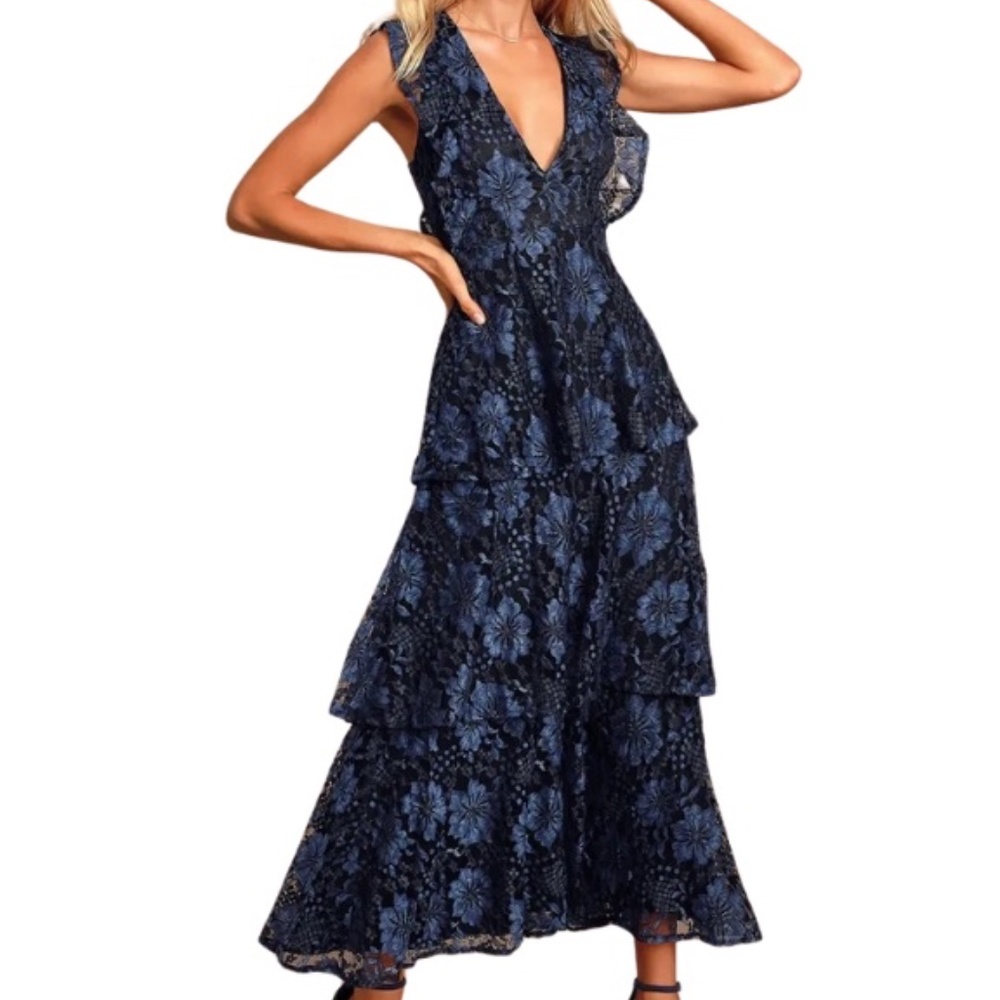 Navy Lace Ruffled Tiered Sleeveless Maxi Dress - Lulus (XXS)